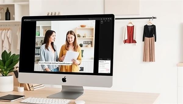 A virtual styling session depicted on a computer screen, showing a stylist and client discussing sustainable fashion choices, with images of eco-friendly clothing options and accessories in the background, conveying a modern and eco-conscious styling experience.