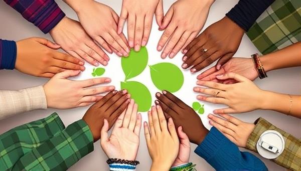 A heartwarming visual of diverse hands coming together in unity, surrounded by symbols of social impact and sustainability, such as trees, hearts, and helping hands, representing solidarity and collaboration in crowdfunding for positive change across communities and causes.