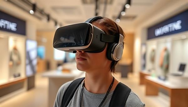 An individual wearing a VR headset, exploring a virtual showroom with interactive product displays and branded elements, conveying the immersive and engaging nature of the advertising experience.