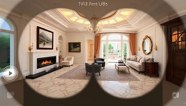An engaging virtual reality scene showcasing a luxurious home interior with interactive navigation buttons for exploring different rooms, decor styles, and outdoor spaces, providing a glimpse of the immersive experience offered by VirtuHome Tours.