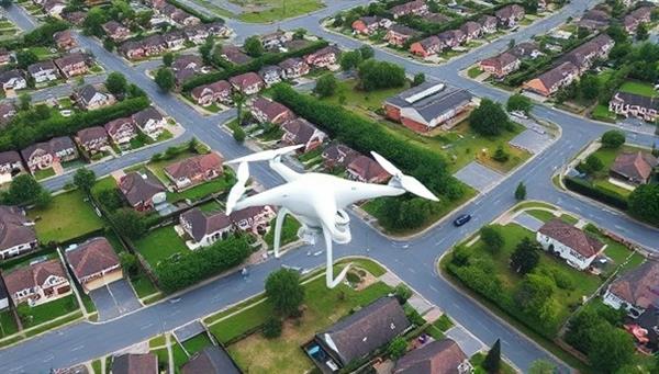 An aerial view of a suburban neighborhood captured by a drone, showcasing the grid layout of houses, lush green spaces, and nearby amenities, highlighting the perspective and detail provided by drone property surveys.