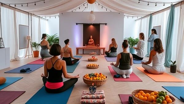 A serene pop-up event space decorated with calming colors, yoga mats, meditation cushions, and fresh fruits, with participants engaging in yoga poses, meditation, and wellness activities, evoking a sense of peace and mindfulness.