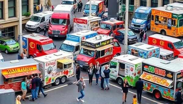 A vibrant collage of food trucks parked in a bustling city street, showcasing a colorful array of international cuisines, enthusiastic customers sampling diverse dishes, and a lively atmosphere of culinary exploration and community enjoyment, capturing the essence of an adventure food truck tour.