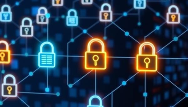An illustration of a secure blockchain network with interconnected health record blocks, demonstrating the encryption and transparency features of the MediChain platform in safeguarding and sharing electronic health records securely.