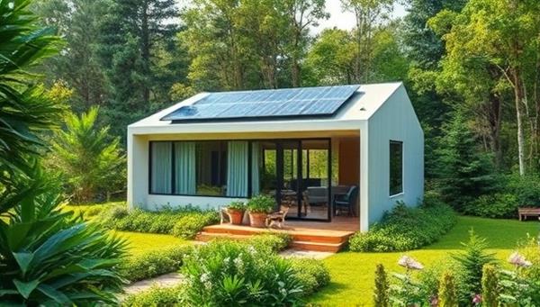 A visually striking image of a modular eco-friendly construction unit surrounded by lush greenery, solar panels on the roof, and large windows allowing natural light in, symbolizing sustainability and modern design.