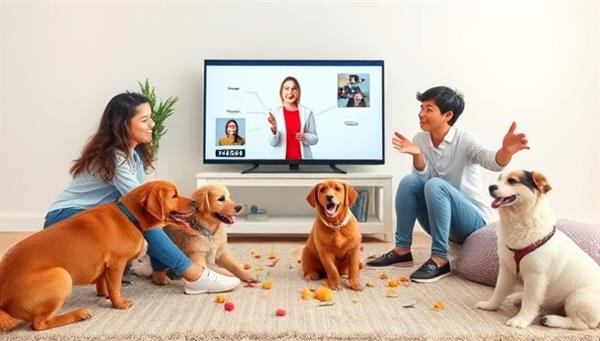 A playful virtual pet training session with a trainer demonstrating commands to a group of pet owners and their furry companions through a video call, pets responding with enthusiasm and joy, training treats and toys scattered around, creating a fun and engaging learning environment for pets and owners.