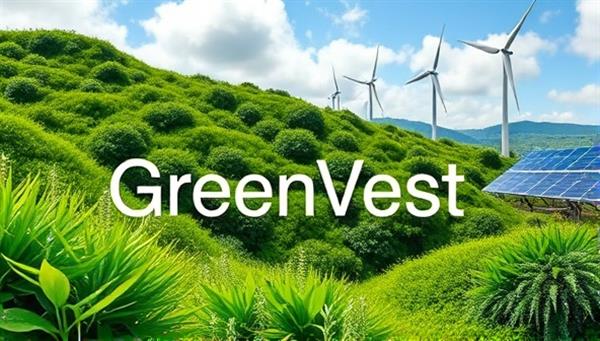 An artistic representation of a lush green landscape with vibrant plant life and renewable energy sources like wind turbines and solar panels, symbolizing the sustainable investment focus and eco-friendly ethos of GreenVest, creating a visually appealing and impactful message about responsible finance.