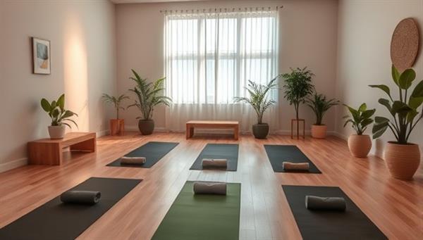 An inviting space with soft lighting, yoga mats laid out for a class, soothing green plants, and calming decor elements, creating a serene and welcoming atmosphere for wellness activities.