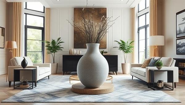An elegant living room setting featuring a 3D printed concrete vase as a centerpiece, surrounded by modern decor elements and natural light streaming through large windows, highlighting the fusion of technology and craftsmanship in home decor.