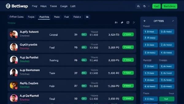 An interactive platform interface displaying various betting offers from users, with customizable odds, stakes, and terms, symbolizing the personalized and direct peer-to-peer betting experience provided by the BetSwap Exchange marketplace.