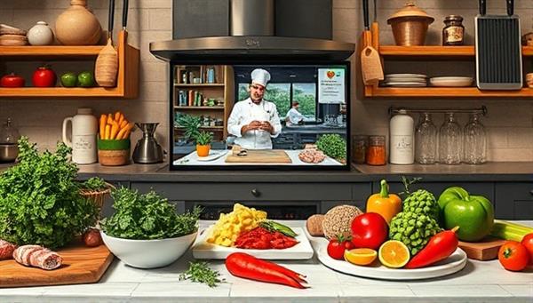 A culinary masterpiece of digital cooking utensils, fresh ingredients, and vibrant spices arranged on a virtual kitchen counter, with a chef guiding a virtual cooking class on a screen, surrounded by culinary delights, recipe cards, and interactive cooking tools, creating a mouthwatering and immersive culinary experience through ChefConnect.