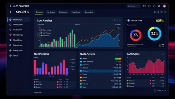 An AI-powered dashboard displaying live sports analytics, team performance charts, and betting predictions in a sleek and modern interface, showcasing the platform