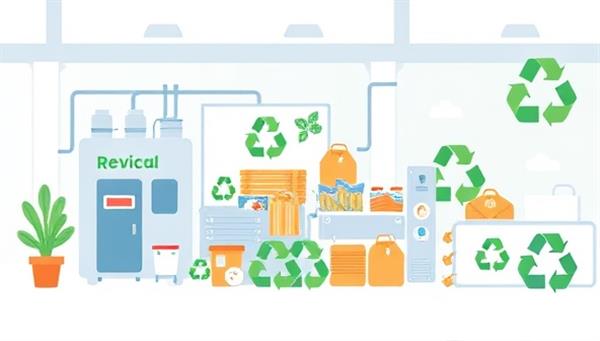 An illustration of a modern recycling facility processing medical waste into reusable materials, with eco-friendly packaging and recycling symbols, highlighting the eco-friendly and sustainable approach of the medical waste recycling service.