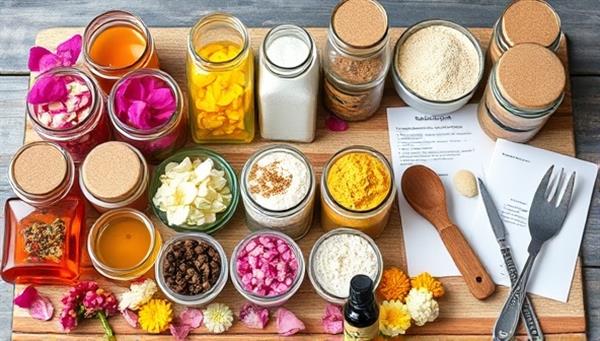 An assortment of colorful jars filled with natural ingredients like floral petals, essential oils, and organic powders, accompanied by recipe cards and mixing tools, creating a vibrant and inviting DIY beauty crafting scene.