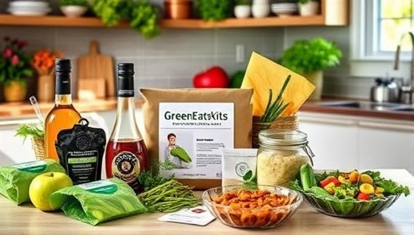 A vibrant kitchen scene featuring a customized plant-based meal kit from GreenEats Kits, with fresh ingredients, recipe cards, and pre-portioned meal components, highlighting the convenience and personalized nature of the meal kit service.