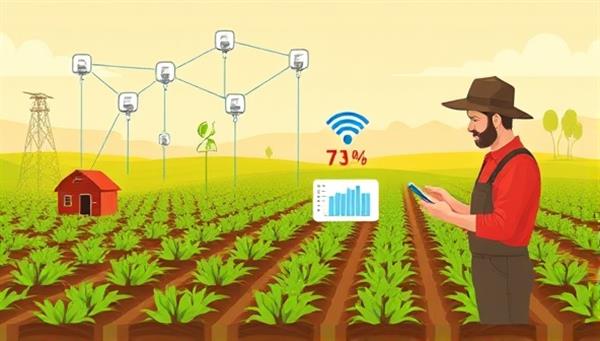 An infographic displaying a network of interconnected sensors on a farm, collecting data on soil moisture, temperature, and crop growth, with a farmer monitoring the analytics on a tablet, highlighting the efficiency and precision of smart farming technology.