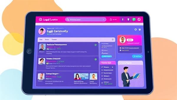A vibrant illustration of a legal community platform interface on a tablet screen, showcasing user discussions, resource libraries, and upcoming events, creating a dynamic and interactive space for legal professionals and enthusiasts to connect and collaborate.