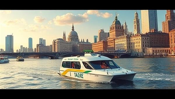 An artistic rendering of AquaShuttle water taxis gracefully gliding across a city river, with passengers enjoying the panoramic views of iconic landmarks and urban scenery from the comfort of the floating transport, illustrating the elegance and efficiency of water-based urban mobility.