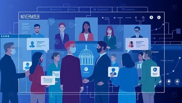 An engaging digital interface displaying a diverse group of citizens interacting with government officials through an interactive platform, symbolizing transparency and community empowerment.