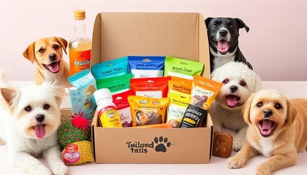 An array of colorful pet products neatly arranged in a subscription box, surrounded by happy pets enjoying the treats and toys, conveying a sense of joy and excitement that comes with receiving a Tailored Tails Box.