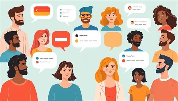 A vibrant digital illustration of diverse individuals engaged in virtual language exchange sessions, with speech bubbles showcasing different languages being spoken, reflecting the interactive and multicultural environment of LingoLink Virtual.
