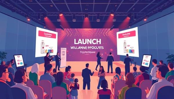 An engaging illustration of a virtual product launch event with interactive elements, product showcases, and audience engagement, symbolizing the dynamic and impactful launches facilitated by LaunchMentor