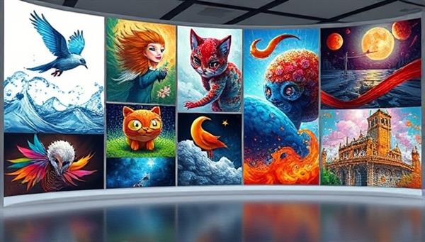 An artistic showcase of diverse digital art pieces displayed in a virtual gallery setting, featuring vibrant illustrations, intricate graphics, and captivating design elements, symbolizing the creative and inspiring world of digital art accessible through ArtVista.