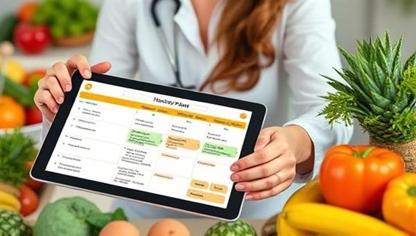 An appealing image of a nutritionist creating a customized meal plan on a digital tablet, surrounded by fresh fruits and vegetables, conveying expertise and a holistic approach to healthy eating.