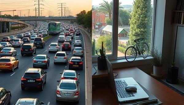 A split-screen image showing chaotic rush hour traffic on one side and a serene home office setup with a laptop and green commute options like bicycles and public transportation on the other side, symbolizing the contrast between traditional commuting and smart, sustainable alternatives.