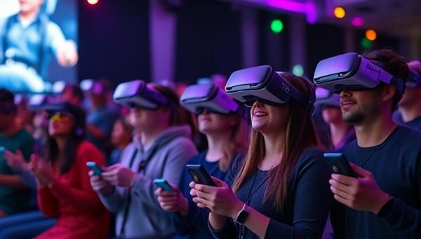 An audience wearing VR headsets and holding interactive devices, reacting excitedly to a movie scene unfolding in front of them, with colorful lights and props enhancing the immersive experience.