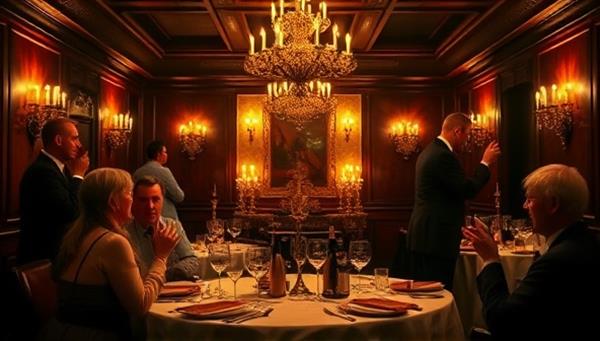 A captivating dining setting with dim lighting, elegant table setups, and actors in character costumes interacting with guests, creating an immersive and engaging murder mystery dinner atmosphere.