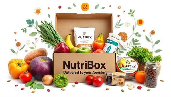 An artistic representation of a NutriBox filled with colorful fruits, vegetables, and supplements, surrounded by symbols of health and vitality, illustrating the concept of personalized nutrition delivered to the doorstep.