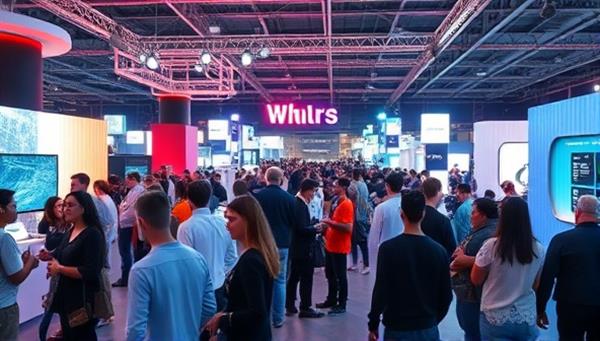 An immersive virtual event space showcasing a diverse range of avatars interacting in a dynamic environment filled with digital displays, interactive booths, and engaging activities, capturing the essence of virtual event engagement and connectivity.