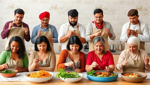 A diverse group of individuals from different cultures cooking together virtually, each showcasing their unique ingredients and cooking styles, creating a vibrant and inclusive culinary community.