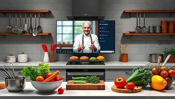 An artistic representation of a virtual kitchen set up with cooking utensils, fresh ingredients, and a digital screen displaying a chef guiding users through a cooking class, creating a dynamic and interactive culinary experience for participants, highlighting the hands-on nature of the platform.