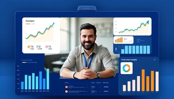A digital platform interface showing a virtual financial coach engaging with a client through a video call, surrounded by financial charts and graphs, creating a modern and interactive coaching experience.