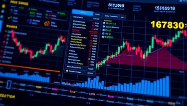A blockchain interface displaying prediction markets and trading charts, with users exchanging prediction shares and tokens in a decentralized and secure environment, symbolizing the innovative and transparent nature of the PredictChain subscription platform.