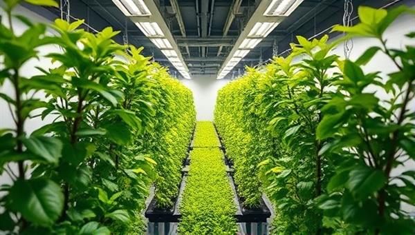 An artistic rendering of a modern, vertical indoor farm filled with lush green plants under artificial grow lights, symbolizing sustainability and innovation in urban agriculture.