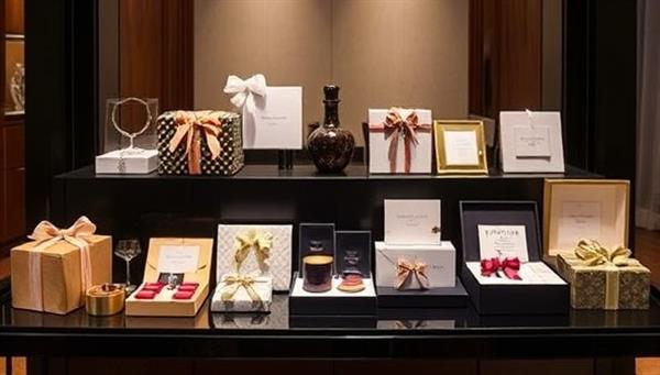 A sophisticated and elegant gift concierge service display showcasing a variety of beautifully wrapped gifts, custom cards, and personalized gift boxes arranged in a stylish and luxurious setting, conveying a sense of elegance, thoughtfulness, and celebration in gift-giving.