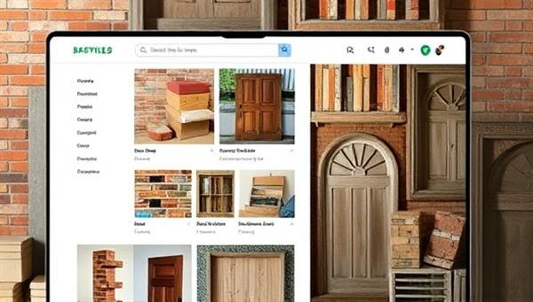 An online marketplace interface showcasing various recycled construction materials such as reclaimed bricks, salvaged doors, and upcycled lighting fixtures, emphasizing the eco-friendly and creative aspects of the platform.
