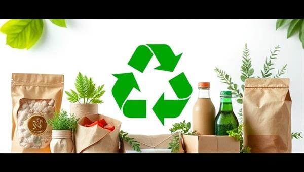 A visually appealing image showing various products wrapped in eco-friendly packaging, with a prominent recycling symbol and natural elements like leaves and plants in the background, symbolizing sustainability and eco-consciousness.