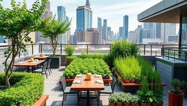 An urban oasis featuring a lush rooftop garden, modern dining area with panoramic city views, and chefs harvesting fresh herbs and vegetables for the day