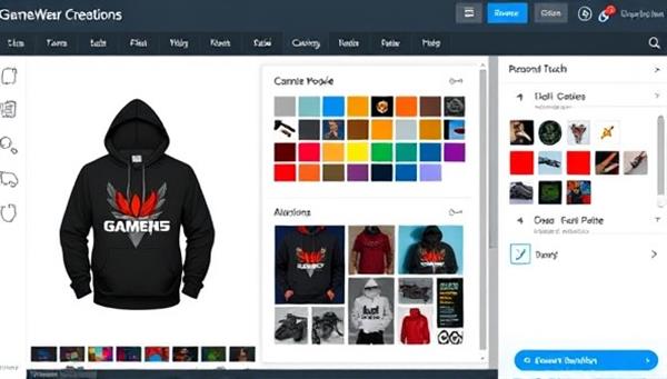 An interactive design studio interface showing a user customizing a gaming-themed hoodie with various graphics, colors, and personal touches, capturing the creativity and customization options available on the GameWear Creations platform.