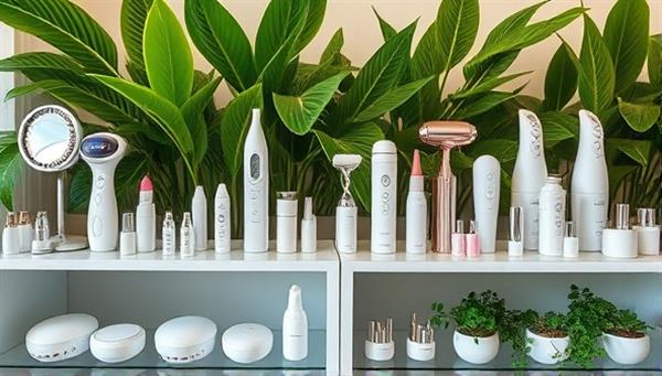 An eco-friendly beauty tool rental display featuring a variety of high-quality beauty devices, neatly organized on shelves with lush green plants in the background, creating a sustainable and modern beauty rental experience.