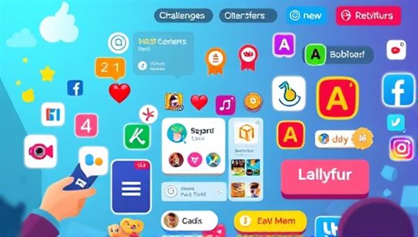 An animated social media feed filled with colorful game elements like badges, challenges, and interactive buttons, inviting users to join the fun and explore the gamified advertising experience.