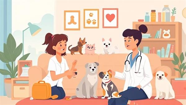 A heartwarming digital illustration of a virtual consultation session with a veterinarian and a pet owner, showcasing a variety of pets in the background, along with pet care products and veterinary tools, conveying care and expertise in a cozy home setting.