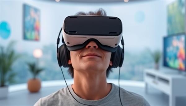 An individual wearing a VR headset in a serene virtual environment, surrounded by calming visuals and engaging activities, highlighting the immersive and therapeutic experience of the VR therapy platform.