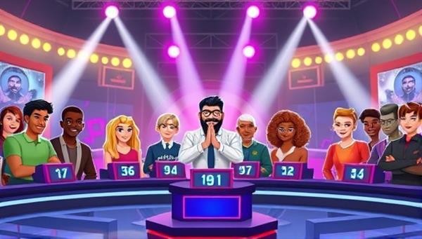 An animated scene of diverse avatars competing in a virtual game show arena, with flashy lights, buzzers, and a charismatic host, depicting the excitement and competitiveness of the platform.