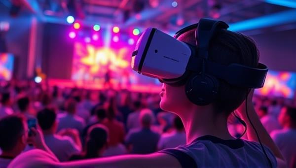 An immersive virtual concert scene featuring a virtual reality headset wearer enjoying a live music performance in a vibrant virtual venue, surrounded by virtual concert-goers and interactive concert elements, capturing the excitement and immersion of a VRhythm Live concert experience.