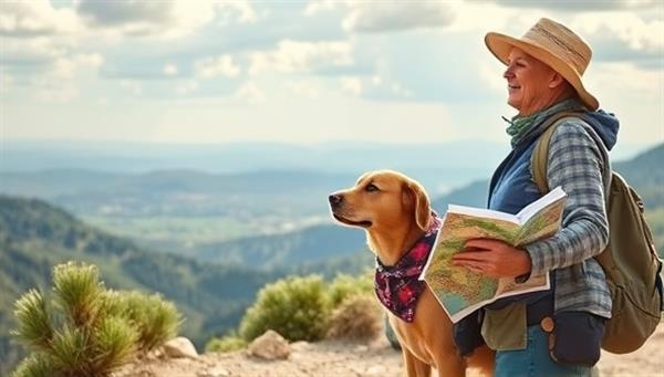 An inspiring image of a pet owner and their pet exploring a scenic outdoor destination together, with a map and travel guide in hand, capturing the essence of pet-friendly travel adventures and the joy of exploring new places with pets.